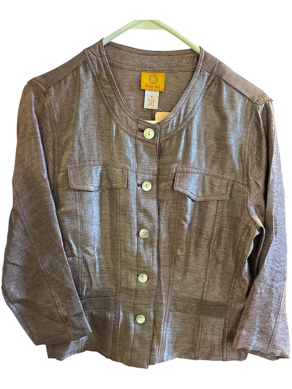 Ruby Rd. Shimmery Taupe Collarless Button Jacket